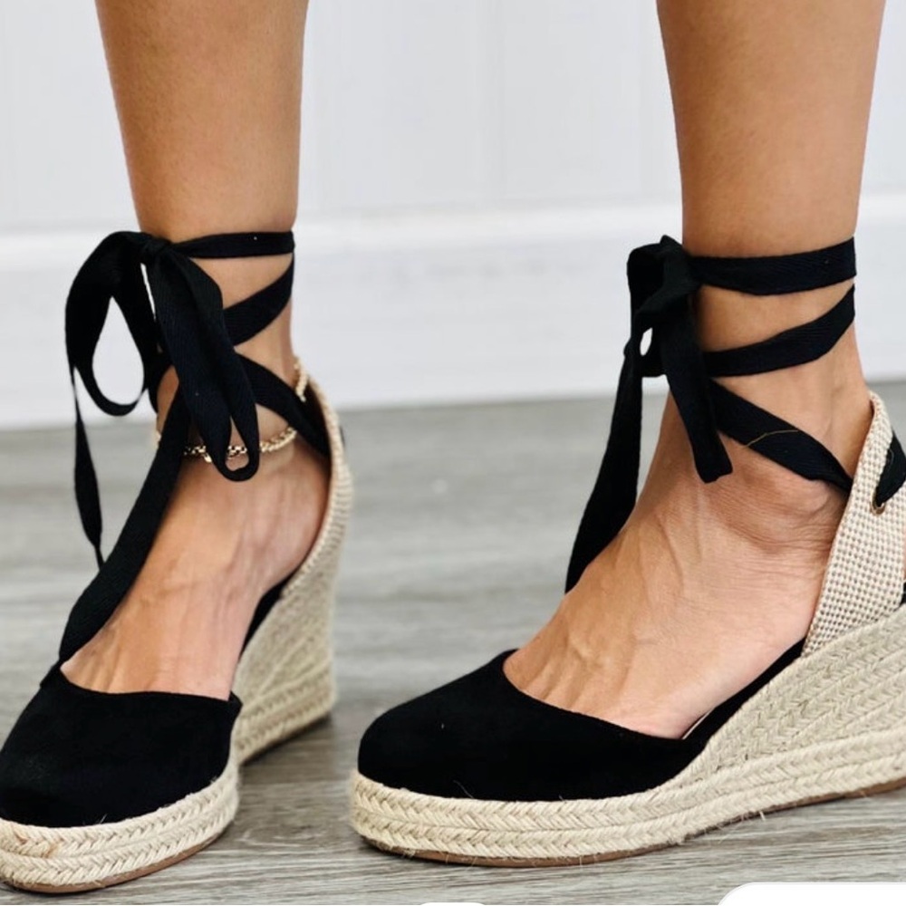 BAMBOO Black Lace-Up Espadrille Wedges 4100